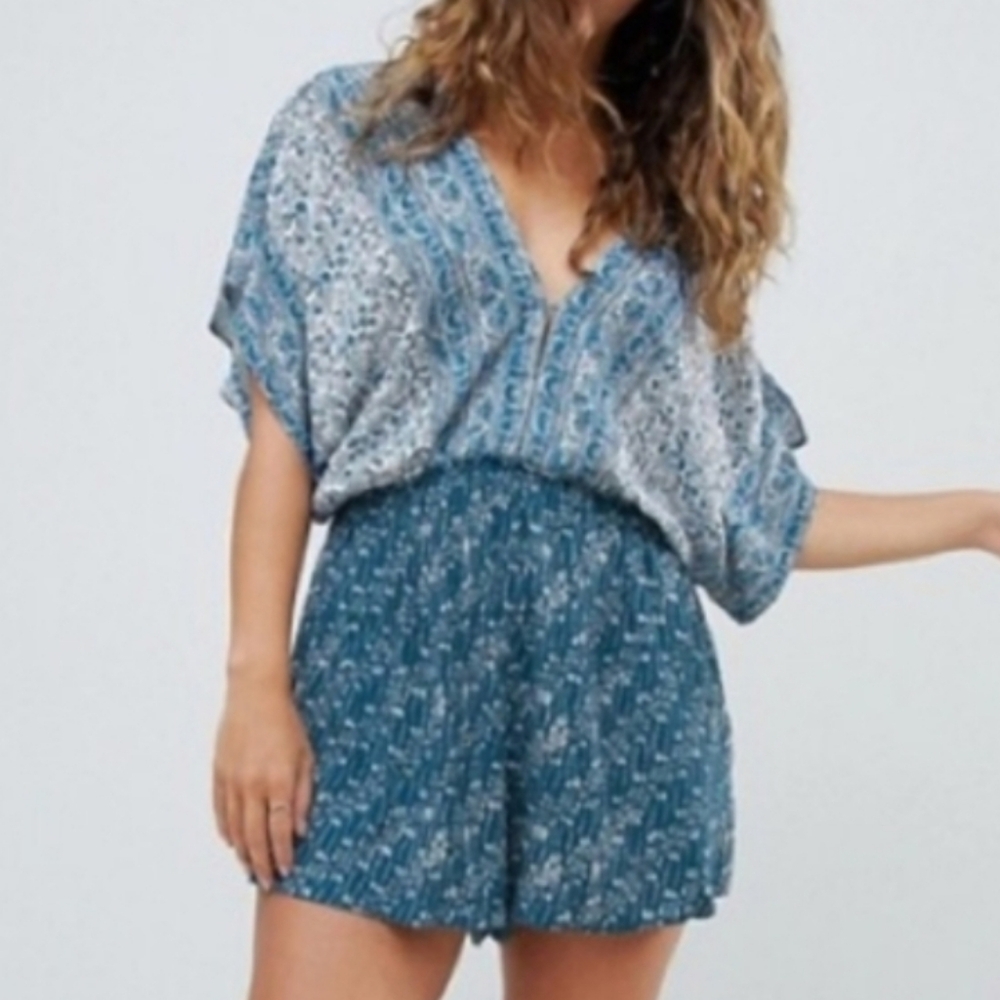 FREE PEOPLE Arizona Boho Y2K Romper Mixed Blue Print Pockets Small